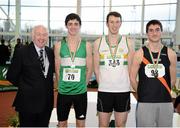 17 February 2013; Ray Colman, Chief Executive of Woodie's DIY and Garden Centres, left, and Ciarán Ó Catháin, President of Athletics Ireland, right, with winner of the men's high jump event Barry Pender, St Abban's A.C., centre, second place Jamie Murtagh, St. Andrews A.C., 70, and third place Andrew Heney, Clonliffe Harriers A.C., right. Woodie’s DIY AAI Senior Indoor Championships, Athlone Institute of Technology International Arena, Athlone, Co. Westmeath. Picture credit: Stephen McCarthy / SPORTSFILE