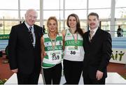 17 February 2013; Ray Colman, Chief Executive of Woodie's DIY and Garden Centres, left, and Ciarán Ó Catháin, President of Athletics Ireland, right, with winner of the women's pole vault Zoe Brown, Raheny Shamorck A.C., 30, and second place Nikita Savage, Youghal A.C.. Woodie’s DIY AAI Senior Indoor Championships, Athlone Institute of Technology International Arena, Athlone, Co. Westmeath. Picture credit: Stephen McCarthy / SPORTSFILE