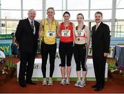 17 February 2013; Ray Colman, Chief Executive of Woodie's DIY and Garden Centres, left, and Ciarán Ó Catháin, President of Athletics Ireland, right, with winner of the women's triple jump event Mary McLoone, Tir Chonaill A.C., centre, second place Caoimhe King, AughaGowerr A.C., left, and third place Mary Devlin, City Of Derry, right. Woodie’s DIY AAI Senior Indoor Championships, Athlone Institute of Technology International Arena, Athlone, Co. Westmeath. Picture credit: Stephen McCarthy / SPORTSFILE