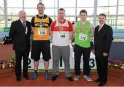 17 February 2013; Ray Colman, Chief Executive of Woodie's DIY and Garden Centres, left, and Ciarán Ó Catháin, President of Athletics Ireland, right, with winner of the men's shot putt Sam Breathanach, Galway City Harriers A.C., centre, second place David Tierney, Leevale A.C., 150, and third place Paul Collins, North Westmeath A.C., 329. Woodie’s DIY AAI Senior Indoor Championships, Athlone Institute of Technology International Arena, Athlone, Co. Westmeath. Picture credit: Stephen McCarthy / SPORTSFILE