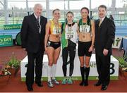 17 February 2013; Ray Colman, Chief Executive of Woodie's DIY and Garden Centres, left, and Ciarán Ó Catháin, President of Athletics Ireland, right, with winner of the women's 1500m event Fionnuala Britton, Kilcoole A.C., centre, second place Kerry Harty, Newcastle & District A.C., left, and third place Laura Crowe, Riocht A.C., right. Woodie’s DIY AAI Senior Indoor Championships, Athlone Institute of Technology International Arena, Athlone, Co. Westmeath. Picture credit: Stephen McCarthy / SPORTSFILE