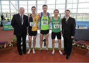 17 February 2013; Ray Colman, Chief Executive of Woodie's DIY and Garden Centres, left, and Ciarán Ó Catháin, President of Athletics Ireland, right, with winner of the men's 1500m event John Coglan, Metro / St. Brigid's A.C., centre, second place Eoin Everard, Kilkenny City Harriers A.C., 61, and third place Joe Warne, Doheny A.C., 10. Woodie’s DIY AAI Senior Indoor Championships, Athlone Institute of Technology International Arena, Athlone, Co. Westmeath. Picture credit: Stephen McCarthy / SPORTSFILE