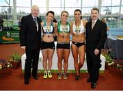 17 February 2013; Ray Colman, Chief Executive of Woodie's DIY and Garden Centres, left, and Ciarán Ó Catháin, President of Athletics Ireland, right, with winner of the women's 20m event Kelly Proper, Ferrybank A.C., centre, second place Steffi Creaner, Dublin City Harriers A.C., and third place Marian Heffernan, Togher A.C., right. Woodie’s DIY AAI Senior Indoor Championships, Athlone Institute of Technology International Arena, Athlone, Co. Westmeath. Picture credit: Stephen McCarthy / SPORTSFILE