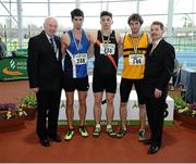 17 February 2013; Ray Colman, Chief Executive of Woodie's DIY and Garden Centres, left, and Ciarán Ó Catháin, President of Athletics Ireland, right, with winner of the men's 60m hurdles event Matthew Field, Clonliffe Harriers A.C., centre, second place Kourosh Foroughi, Star of the Sea A.C., 238, and third place Edmund O'Halloran, Leevale A.C., 146. Woodie’s DIY AAI Senior Indoor Championships, Athlone Institute of Technology International Arena, Athlone, Co. Westmeath. Picture credit: Stephen McCarthy / SPORTSFILE
