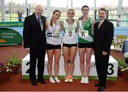 17 February 2013; Ray Colman, Chief Executive of Woodie's DIY and Garden Centres, left, and Ciarán Ó Catháin, President of Athletics Ireland, right, with winner of the women's 60m hurdles Sarah Lavin, Emerald A.C., centre, second place Sandra Lawler, Celbridge A.C., 282, and third place Shannen Dawkins, St. Joseph's A.C., right. Woodie’s DIY AAI Senior Indoor Championships, Athlone Institute of Technology International Arena, Athlone, Co. Westmeath. Picture credit: Stephen McCarthy / SPORTSFILE