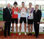 17 February 2013; Ray Colman, Chief Executive of Woodie's DIY and Garden Centres, left, and Ciarán Ó Catháin, President of Athletics Ireland, right, with winner of the men's 400m event Jason Harvey, Crusaders A.C., centre, second place Timmy Crowe, Dooneen A.C., 221, and third place Joe Dowling, Dundrum South Dublin A.C., 90. Woodie’s DIY AAI Senior Indoor Championships, Athlone Institute of Technology International Arena, Athlone, Co. Westmeath. Picture credit: Stephen McCarthy / SPORTSFILE