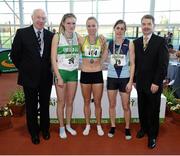 17 February 2013; Ray Colman, Chief Executive of Woodie's DIY and Garden Centres, left, and Ciarán Ó Catháin, President of Athletics Ireland, right, with winner of the women's 400m event Shauna Cannon, Brothers Pearse A.C., centre, second place Jenna Bromell, Emerald A.C., left, and third place Mandy Gault, Lagan Valley A.C., right. Woodie’s DIY AAI Senior Indoor Championships, Athlone Institute of Technology International Arena, Athlone, Co. Westmeath. Picture credit: Stephen McCarthy / SPORTSFILE