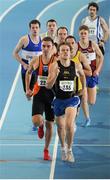 17 February 2013; Dan King, 335, Letterkenny A.C., Co. Donegal, and Richard Owens, left, Slí Cualann A.C., Co. Wicklow, lead the chasing field during the senior mens 1500m. Woodie’s DIY AAI Senior Indoor Championships, Athlone Institute of Technology International Arena, Athlone, Co. Westmeath. Picture credit: Tomas Greally / SPORTSFILE
