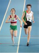 17 February 2013; Linda Conroy, left, Mullingar Harriers A.C., Co. Westmeath, and Una Britton, Kilcoole A.C., Co. Wicklow, in action during the senior womens 1500m. Woodie’s DIY AAI Senior Indoor Championships, Athlone Institute of Technology International Arena, Athlone, Co. Westmeath. Picture credit: Tomas Greally / SPORTSFILE