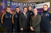 18 February 2013; At the announcement of the Grant Thornton UCD Gaelic Football Scholarships, in memory of the late Sean Murray, are Grant Thornton Director Noel Delaney, second from right, with, Dominic O'Keeffe, third from left, Director of Student Services UCD, with the scholarship recipients, from left, Noel McGrath, Killian Buckley, Walter Walsh and Jack Guiney. Sports Centre, UCD, Belfield, Dublin. Picture credit: David Maher / SPORTSFILE