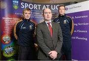 18 February 2013; At the announcement of the Grant Thornton UCD Gaelic Football Scholarships, in memory of the late Sean Murray, are Grant Thornton Director Noel Delaney, centre, with the scholarship recipients, Noel McGrath, left, and Walter Walsh. Sports Centre, UCD, Belfield, Dublin. Picture credit: David Maher / SPORTSFILE