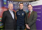 18 February 2013; At the announcement of the Grant Thornton UCD Gaelic Football Scholarships, in memory of the late Sean Murray, are Grant Thornton Director Noel Delaney, right, UCD’s Gaelic Games Executive Dave Billings, left, with the scholarship recipient Paul Mannian. Sports Centre, UCD, Belfield, Dublin. Picture credit: David Maher / SPORTSFILE