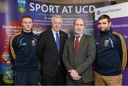 18 February 2013; At the announcement of the Grant Thornton UCD Gaelic Football Scholarships, in memory of the late Sean Murray, are Grant Thornton Director Noel Delaney, second from right, Tim Healy, second from left, UCD GAA Club Chairman, with the scholarship recipients, Eoin Keogh, left, and Declan Phelan. Sports Centre, UCD, Belfield, Dublin. Picture credit: David Maher / SPORTSFILE