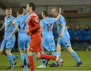 18 February 2013; Gary O'Neill, Drogheda United, congratulates team-mate Alan Byrne, right, after he scored his side's first goal. Setanta Sports Cup, Preliminary Round, Second Leg, Portadown v Drogheda United, Shamrock Park, Portadown, Co. Armagh. Photo by Sportsfile