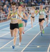 17 February 2013; Ciara Everard, UCD A.C., wins the women's 800m final. Woodie’s DIY AAI Senior Indoor Championships, Athlone Institute of Technology International Arena, Athlone, Co. Westmeath. Picture credit: Stephen McCarthy / SPORTSFILE