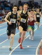 17 February 2013; Mark English, Letterkenny A.C., left, overtakes club-mate Darren McBrearty, Letterkenny A.C., who finished second, on his way to winning the men's 800m final. Woodie’s DIY AAI Senior Indoor Championships, Athlone Institute of Technology International Arena, Athlone, Co. Westmeath. Picture credit: Stephen McCarthy / SPORTSFILE