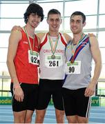 17 February 2013; Winner of the men's 400m event Jason Harvey, Crusaders A.C., centre, second place Timmy Crowe, Dooneen A.C., left, and third place Joe Dowling, Dundrum South Dublin A.C., right. Woodie’s DIY AAI Senior Indoor Championships, Athlone Institute of Technology International Arena, Athlone, Co. Westmeath. Picture credit: Stephen McCarthy / SPORTSFILE