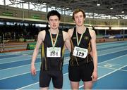 17 February 2013; Winner of the men's 800m final Mark English, Letterkenny A.C., left, and club-mate Darren McBrearty, Letterkenny A.C., who finished second. Woodie’s DIY AAI Senior Indoor Championships, Athlone Institute of Technology International Arena, Athlone, Co. Westmeath. Picture credit: Stephen McCarthy / SPORTSFILE