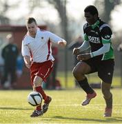 19 February 2013; Ian Foley, IT Carlow ‘D’, in action against Lekan Adams, Moate Business College. UMBRO CUFL Division Three Final, Moate Business College v IT Carlow ‘D’, Leixlip United, Leixlip, Co. Kildare. Picture credit: David Maher / SPORTSFILE