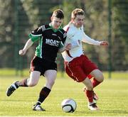 19 February 2013; Martin Rock, Moate Business College, in action against Conor Clack, IT Carlow ‘D’. UMBRO CUFL Division Three Final, Moate Business College v IT Carlow ‘D’, Leixlip United, Leixlip, Co. Kildare. Picture credit: David Maher / SPORTSFILE