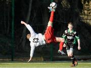 19 February 2013; Kevin McLaughlin, IT Carlow ‘D’, attempts a bicycle kick as John Rock, Moate Business College, looks on. UMBRO CUFL Division Three Final, Moate Business College v IT Carlow ‘D’, Leixlip United, Leixlip, Co. Kildare. Picture credit: David Maher / SPORTSFILE