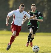 19 February 2013; Ian Foley, IT Carlow ‘D’, in action against Dwayne Farrell, Moate Business College. UMBRO CUFL Division Three Final, Moate Business College v IT Carlow ‘D’, Leixlip United, Leixlip, Co. Kildare. Picture credit: David Maher / SPORTSFILE