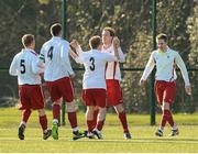 19 February 2013; Aaron Broaders, second from right,  IT Carlow ‘D’, celebrates after scoring his side's second goal with team-mates, from left, Gary Seery, Adam Phelan, Sean Mooney and Conor Clack. UMBRO CUFL Division Three Final, Moate Business College v IT Carlow ‘D’, Leixlip United, Leixlip, Co. Kildare. Picture credit: David Maher / SPORTSFILE