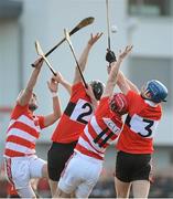 19 February 2013; David Drake, left, and Bill Cooper, CIT, in action against Steven Maher, left, and David Glynn, UCC. Irish Daily Mail Fitzgibbon Cup Quarter-Final, University College Cork v Cork Institute of Technology, Mardyke, Cork. Picture credit: Diarmuid Greene / SPORTSFILE