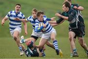 20 February 2013; David O'Mahony, Rockwell College, is tackled by Rhys Joyce, left, and Paul Butler, Castletroy College. Munster Schools Senior Cup Quarter-Final, Rockwell College v Castletroy College, Clanwilliam RFC, Clanwilliam Park, Tipperary Town, Tipperary. Picture credit: Diarmuid Greene / SPORTSFILE