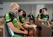 19 February 2013; Sam Bennett, left, Jack Wilson and Sean Downey, right, at the launch of the 2013 An Post Chain Reaction Sean Kelly team. Shamrock Hotel, Tielt, Belgium. Picture credit: Stephen McCarthy / SPORTSFILE