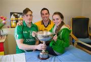 21 February 2013; Aaron Kernan, centre, representing Ulster, and Kieran Lillis, Leinster, with Emma Wogan, age 12, from Lusk, Co. Dublin, and the M Donnelly Cup during a visit to Our Lady's Children's Hospital, Crumlin, in advance of Sundays final in Croke Park. Our Lady's Ward, Our Lady's Children's Hospital, Crumlin, Dublin. Picture credit: Ray McManus / SPORTSFILE