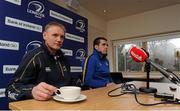 21 February 2013; Leinster head coach Joe Schmidt, left, and Shane Jennings during a press conference ahead of their Celtic League 2012/13, Round 16, match against Scarlets on Saturday. Leinster Rugby Press Conference, UCD, Belfield, Dublin. Picture credit: Brian Lawless / SPORTSFILE