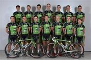 19 February 2013; The 2013 An Post Chain Reaction Sean Kelly team, back row, from left, Steven Van Vooren, Nicholas Vereecken, Kieran Frend, Alphonse Vermote, Ronan McLaughlin, Mark McNally and Neils Wytinck, with, front row, from left, Niko Eeckhout, Laurent Vanden Bak, Jack Wilson, Wout Franssen, Sam Bennett, Sean Downey and Pieter Ghyllebert. Shamrock Hotel, Tielt, Belgium. Picture credit: Stephen McCarthy / SPORTSFILE