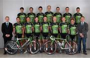 19 February 2013; The 2013 An Post Chain Reaction Sean Kelly team, back row, from left, Steven Van Vooren, Nicholas Vereecken, Kieran Frend, Alphonse Vermote, Ronan McLaughlin, Mark McNally and Neils Wytinck, with, front row, from left, Kurt Bogaerts, team manager, Niko Eeckhout, Laurent Vanden Bak, Jack Wilson, Wout Franssen, Sam Bennett, Sean Downey, Pieter Ghyllebert and Sean Kelly, team general manager. Shamrock Hotel, Tielt, Belgium. Picture credit: Stephen McCarthy / SPORTSFILE