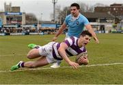 22 February 2013; Cian O'Donoghue, Clongowes Wood College SJ, goes over to score his side's first try despite the efforts of Cian Kelleher, St. Michael's College. Powerade Leinster Schools Senior Cup Quarter-Final, Clongowes Wood College SJ v St. Michael's College, Donnybrook Stadium, Donnybrook, Dublin. Photo by Sportsfile