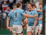 22 February 2013; Denis Coulson, St. Michael's College, celebrates after scoring his side's third try with team-mate Nick McCarthy, left. Powerade Leinster Schools Senior Cup Quarter-Final, Clongowes Wood College SJ v St. Michael's College, Donnybrook Stadium, Donnybrook, Dublin. Photo by Sportsfile