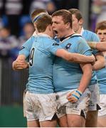 22 February 2013; Denis Coulson, St. Michael's College, celebrates after scoring his side's third try with team-mate Nick McCarthy, left. Powerade Leinster Schools Senior Cup Quarter-Final, Clongowes Wood College SJ v St. Michael's College, Donnybrook Stadium, Donnybrook, Dublin. Photo by Sportsfile