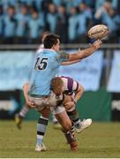 22 February 2013; Cian Kelleher, St. Michael's College, is tackled by Sebastian Fromm, Clongowes Wood College SJ. Powerade Leinster Schools Senior Cup Quarter-Final, Clongowes Wood College SJ v St. Michael's College, Donnybrook Stadium, Donnybrook, Dublin. Photo by Sportsfile