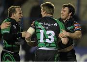 22 February 2013; Connacht's Willie Faloon, right, is congratulated by team-mates Brian Murphy, left, and Eoin Griffin after scoring his side's second try. Celtic League 2012/13, Round 16, Cardiff Blues v Connacht, Cardiff Arms Park, Cardiff, Wales. Picture credit: Steve Pope / SPORTSFILE