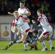 22 February 2013; Stuart Olding, Ulster, attempts to break through the Glasgow Warriors defence. Celtic League 2012/13, Round 16, Glasgow Warriors v Ulster, Scotstoun Stadium, Glasgow, Scotland. Picture credit: Jeff Holmes / SPORTSFILE