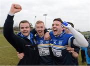 23 February 2013; Selector Billy O'Loughlin, left, Ciaran Reddin and Alan Nestor, right, Dublin Institute of Technology, celebrate after the final whistle. Irish Daily Mail Sigerson Cup Final, Dublin Institute of Technology v University College Cork, Athlone Institute of Technology, Athlone, Co. Westmeath. Picture credit: Matt Browne / SPORTSFILE