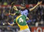 23 February 2013; David King, Offaly, gets the ball away despite pressure from Danny Sutcliffe, Dublin. Allianz Hurling League, Division 1B, Dublin v Offaly, Parnell Park, Dublin. Picture credit: Dáire Brennan / SPORTSFILE