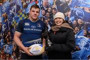 23 February 2013; Leinster's Jordi Murphy is presented with the Most Valued Player award by Marian Carroll, CEO Ronald McDonald House Charity. Celtic League 2012/13, Round 16, Leinster v Scarlets. Photo by Sportsfile