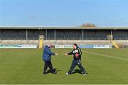 24 February 2013; Clare manager Davy Fitzgerald and Waterford County Board Chairman Tom Cunningham exchange a handshake before the game. Allianz Hurling League, Division 1A, Clare v Waterford, Cusack Park, Ennis, Co. Clare. Picture credit: Diarmuid Greene / SPORTSFILE