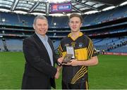 24 February 2013; Darragh McCormack, Ballinasloe, is presented with the Man of the Match award by Seamus Duffy, AIB Ballinasloe. AIB GAA Football All Ireland Junior Club Championship Final, Ballinasloe v Kenmare Shamrocks, Croke Park, Dublin. Picture credit: Brian Lawless / SPORTSFILE