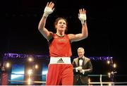 24 February 2013; Katie Taylor, Ireland, celebrates at the end of her international bout against Maike Klüners, Germany. Katie Taylor Fight Night, Bord Gais Energy Theatre, Grand Canal Square, Docklands, Dublin. Picture credit: David Maher / SPORTSFILE