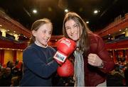 25 February 2013; Katie Taylor with Abbiegayle Ronayne, age 11, from Irishtown National School, Co. Mayo, after a press conference in the Royal Theatre, Castlebar, where it was announced she will fight Bulgaria's Denista Eliseeva on the 24th of March. Katie Taylor Press Conference, Royal Theatre, Castlebar, Co. Mayo. Picture credit: David Maher / SPORTSFILE