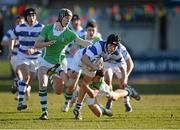 25 February 2013; Steven Kilgallen, Blackrock College, is tackled by Jack McNamara, left, and Michael O'Kennedy, Gonzaga College SJ. Powerade Leinster Schools Junior Cup, Quarter-Final, Blackrock College v Gonzaga College SJ, Donnybrook Stadium, Donnybrook, Dublin. Picture credit: Barry Cregg / SPORTSFILE