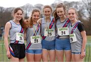 24 February 2013; Pictured are, from left to right, Sorcha Humphries, Isabelle Odlum, Sarah Fitzpatrick, Sarah Miles, and Nicole Kenny, from Dundrum South Dublin A.C., who won the Junior Club team at the 2013 Woodie’s DIY AAI Inter Club Cross Country Championships & Juvenile Inter County Cross Country Relay Championships. Charleville Estate, Tullamore, Co. Offaly. Photo by Sportsfile