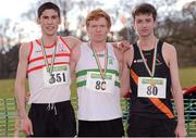 24 February 2013; Sean Tobin, Clonmel A.C., Co. Tipperary, centre, who won the Junior Men's 6,000m with 2nd place Hugh Armstrong, left, Ballina A.C., Co. Mayo, and 3rd place Ian Swiden, Clonliffe Harriers A.C., Co. Dublin, at the 2013 Woodie’s DIY AAI Inter Club Cross Country Championships & Juvenile Inter County Cross Country Relay Championships. Charleville Estate, Tullamore, Co. Offaly. Photo by Sportsfile